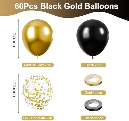 KBZVNAF Black and Gold Latex Balloons 60 Pack
