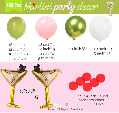Martini Birthday Balloon Garland Kit 136Pcs Olive Green Pink White with Metallic Lime