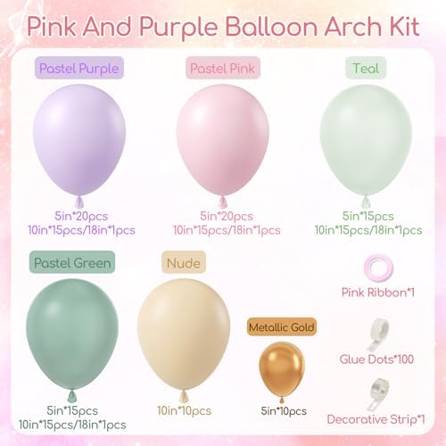 157pcs Pastel Pink Purple Balloon Arch Kit Decorations