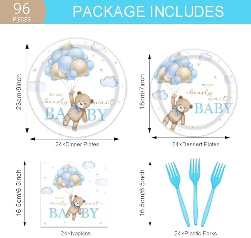 96 Pcs Bear Baby Shower Plates and Napkins Set