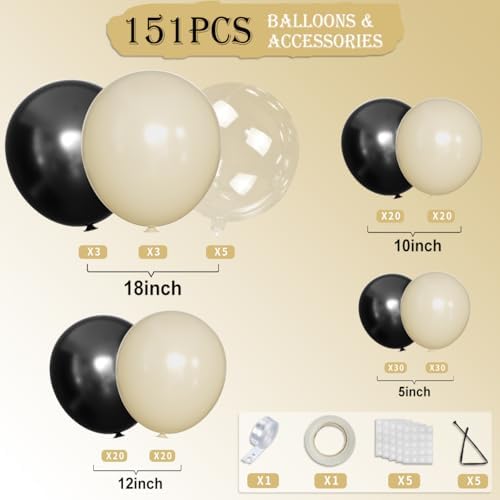 White Sand Black Balloons Arch with Bobo Balloons 151Pcs Kit