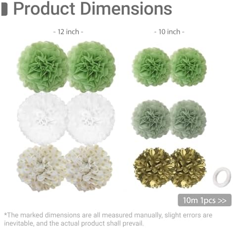 Kuailaihai 12pcs Sage Green Paper Pom Poms Set