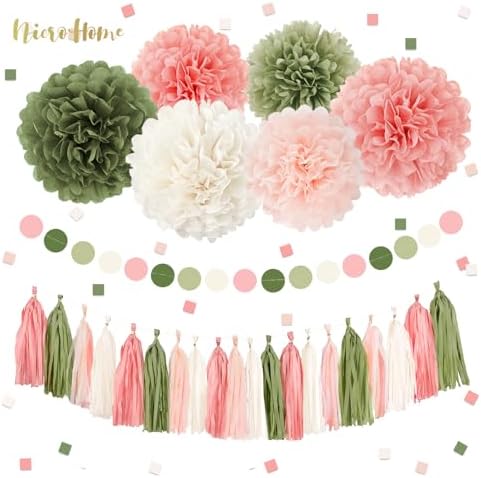 Pink Sage Green Tissue Paper Pom Poms Decor Kit