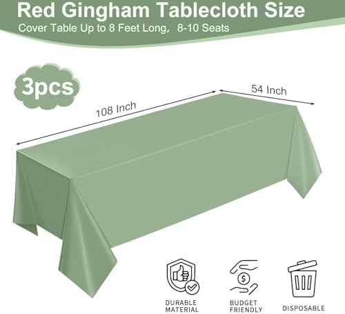 3Pcs Sage Green Plastic Tablecloths for Rectangle Tables 54x108 Inch