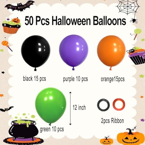Halloween Balloons Set 50Pcs Black Purple Orange Green 12inch