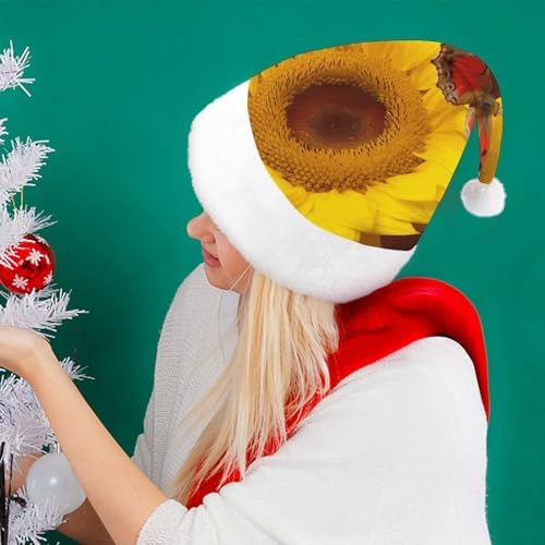 Yellow Sunflowers Santa Hat with Red Butterfly Christmas Party Headwear