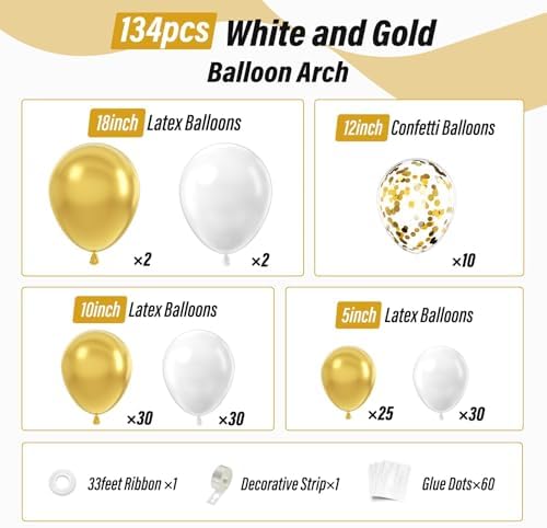 134pcs White and Gold Balloon Arch Kit for Parties