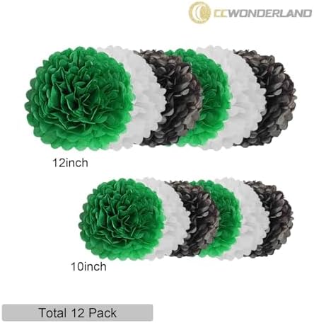 Black Green White Paper Pom Poms - 10inch 12inch Set of 12