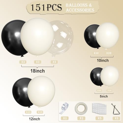 MOXMAY White Sand Black Balloons Arch Kit 151Pcs