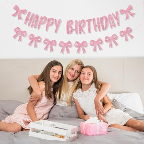 Pink Bow Birthday Banner with Garland and Decorations