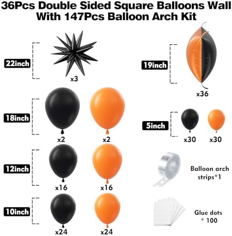 36pcs Black and Orange Square Foil Balloons with 147pcs Garland Arch Kit