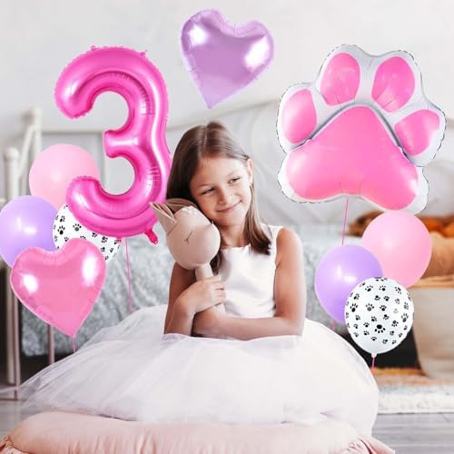 Pink Dog Birthday Balloons Set with Paw Print and Hearts