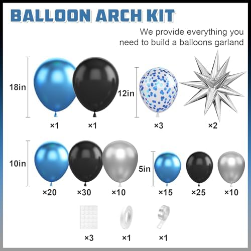 Blue Silver Black Balloon Arch Kit for Party Decorations