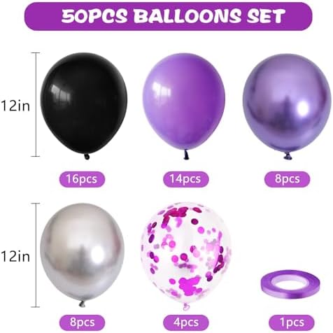 50pcs Purple Black Balloons with Ribbons Confetti for Halloween Birthdays Anniversaries Graduations