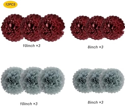 Heartfeel 12pcs Tissue Paper Pom Poms Grey and Burgundy