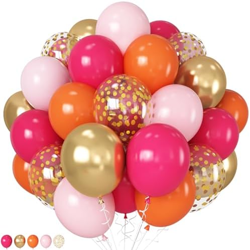 12 Inch Pink and Orange Balloons with Gold Confetti