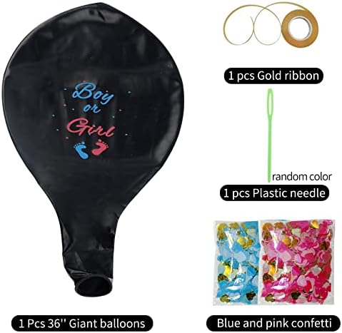 Gender Reveal Balloons 36 Inch Black with Pink and Blue Heart-Shaped Confetti