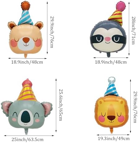 Lion Bear Koala Sloth Foil Balloons 4Pcs Party Decor