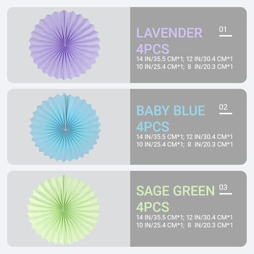 Purple Blue Green Paper Round Fan Decor Set of 12