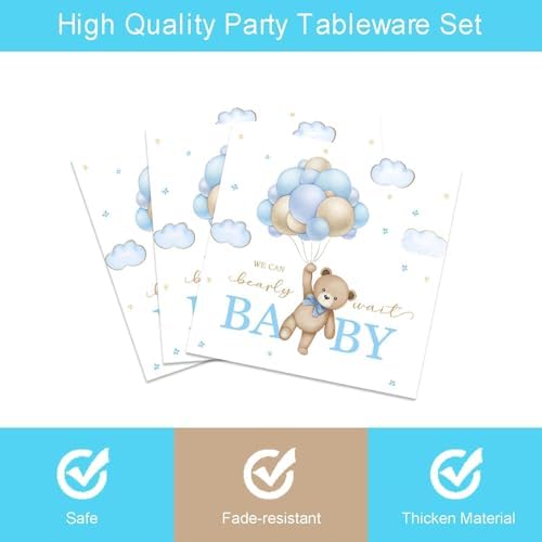 96 Pcs Bear Baby Shower Plates and Napkins Set