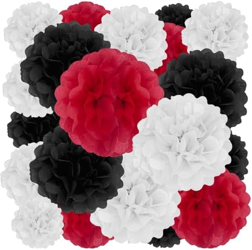 Tissue Paper Pom Poms 18 Piece Set Black White Red