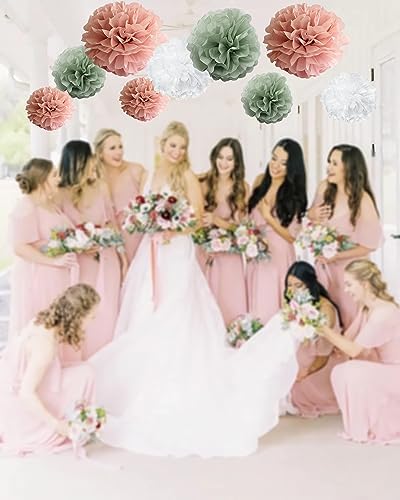 Sage Green Pink Tissue Paper Pom Poms 12 10 Set