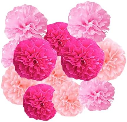 12pcs Pink Tissue Paper Pom Poms DIY Decor Kit
