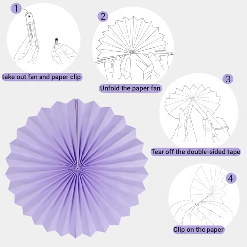 Purple Blue Green Paper Round Fan Decor Set of 12