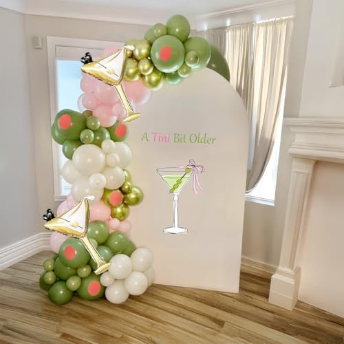 Martini Birthday Balloon Garland Kit 136Pcs Olive Green Pink White with Metallic Lime