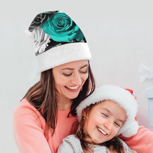 Santa Hat Black White Teal Gray Rose Flowers Christmas Headwear