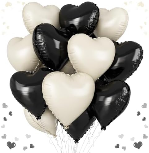 Vibzox Black White Heart Balloons 12PCS 18 Inch Foil Balloons