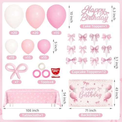 Pink Bow Birthday Decorations for 24 Guests