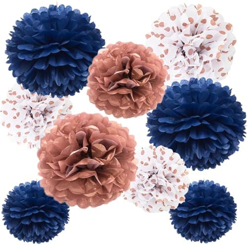 Navy Blue Rose Gold Tissue Pom Poms Decorations 9 Pack