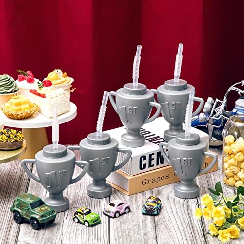 Amyhill 12 Pcs Silver Race Car Cups With Lids and Straws