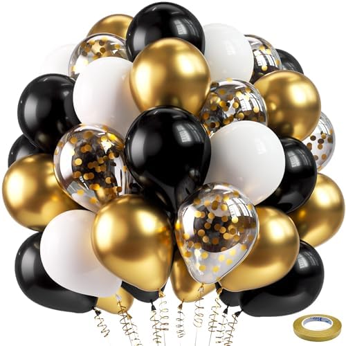 Bezente Black and Gold Confetti Balloons Set 60pcs 12 Inch