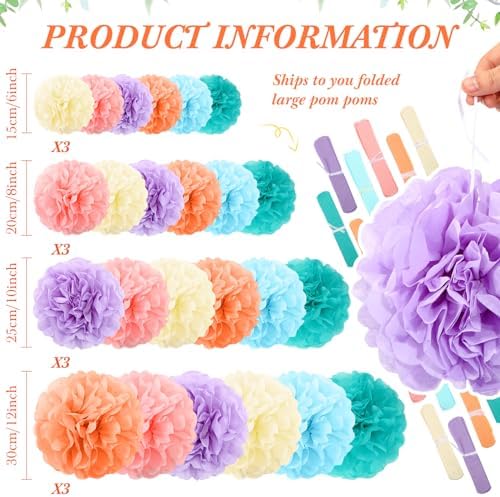 72 Pcs Tissue Paper Pom Poms Pastel Party Decorations