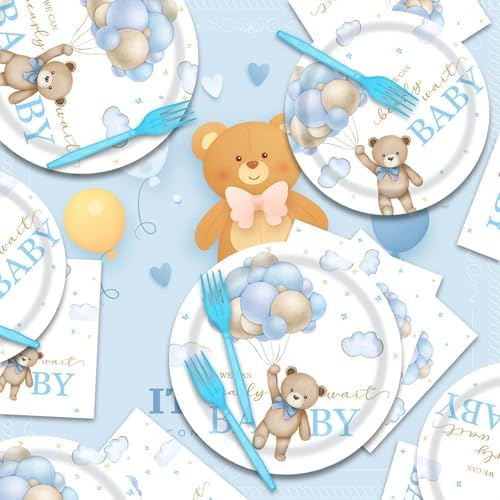 96 Pcs Bear Baby Shower Plates and Napkins Set