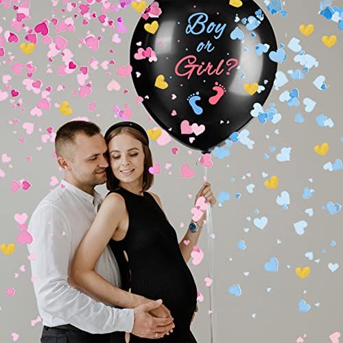 Gender Reveal Balloons 36 Inch Black with Pink and Blue Heart-Shaped Confetti
