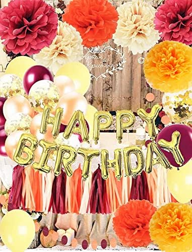 Fall Birthday Balloons with Burgundy Gold Orange Decor