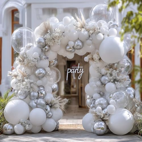 White Silver Balloon Garland with Foil Balloons for Parties and Celebrations