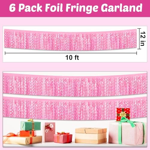 6 Pack 10 Feet Macaron Pink Wave Foil Fringe Garland