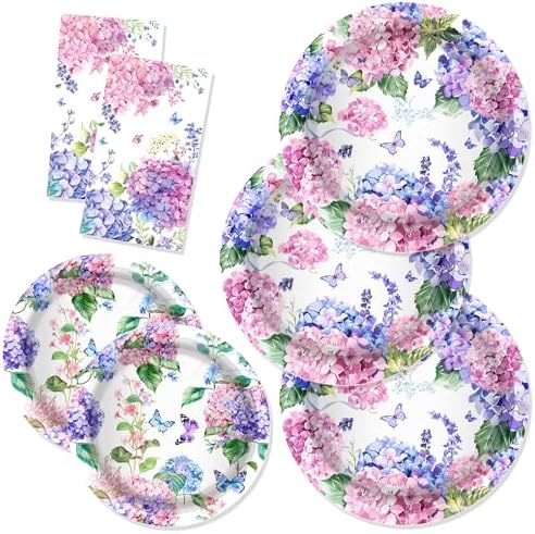 CC HOME Hydrangea Themed Paper Plates Napkins Set 88PCS