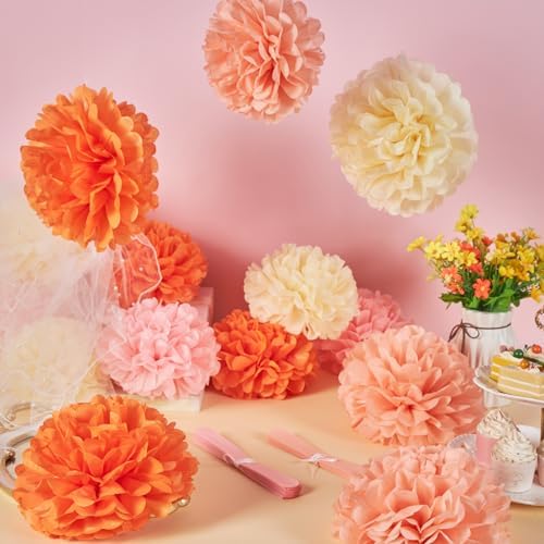 15Pcs Pink Orange Tissue Pom Poms Flower Decorations