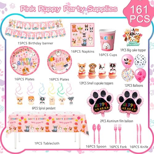 Pink Puppy Birthday Decorations Set for 16 Guests