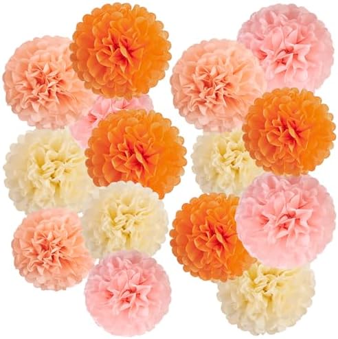 15Pcs Pink Orange Tissue Pom Poms Flower Decorations