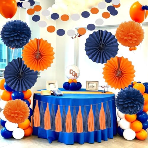 Blue Orange Party Tissue Pom Poms Garland Decor