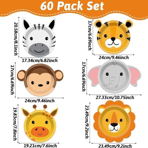 60 Jungle Animal Shaped Paper Plates for Parties
