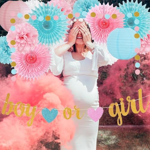 Gender Reveal Decorations with Glitter Letters and Heart Banner
