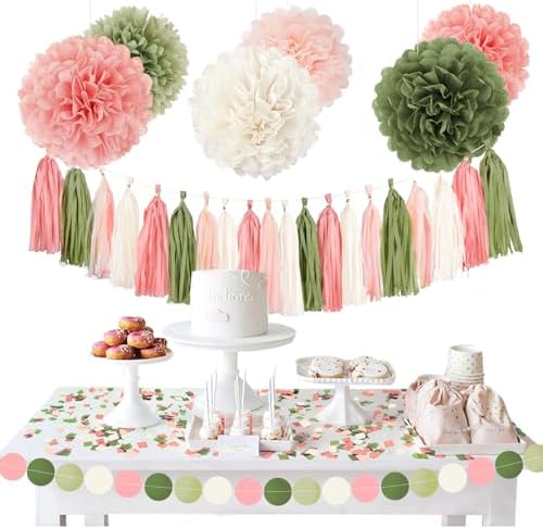Pink Sage Green Tissue Paper Pom Poms Decor Kit