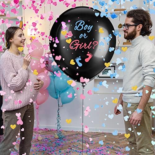 Gender Reveal Balloons 36 Inch Black with Pink and Blue Heart-Shaped Confetti